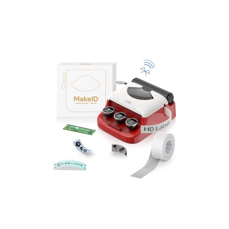 MakeID Q1ラベルプリンター 300dpi Bluetooth対応 スマホ接続 レトロで可愛いデザイン 無墨熱敏印刷 Cキーu0026Dキー簡単印刷 簡単操作 16mm幅対応 日本語説明書付き ギフトにも最適ヴィンテージレッ