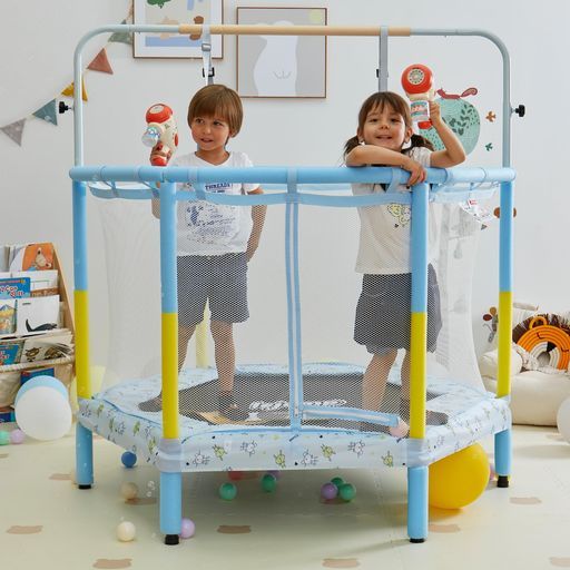 LEJUMPトランポリン直径140cm 55inch 子供用一台三役鉄棒-吊り輪付き 外す 360°手すり静音設計超大スペース耐荷重65KG室内用安定丈夫飛び出し防止安全保護ネット付き滑り止め設計遊園地…