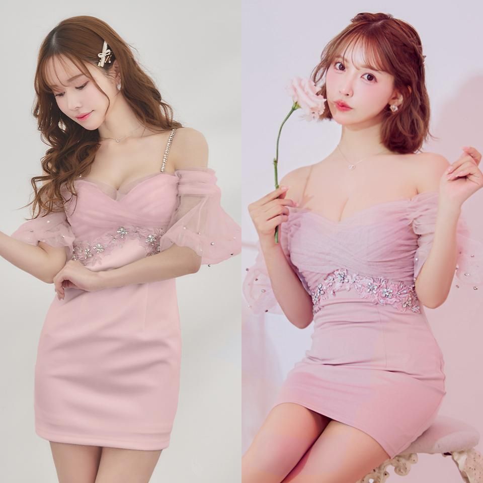 AngelR エンジェルアール オフショルスリーブ フラワーレース ビジュー タイトミニドレス