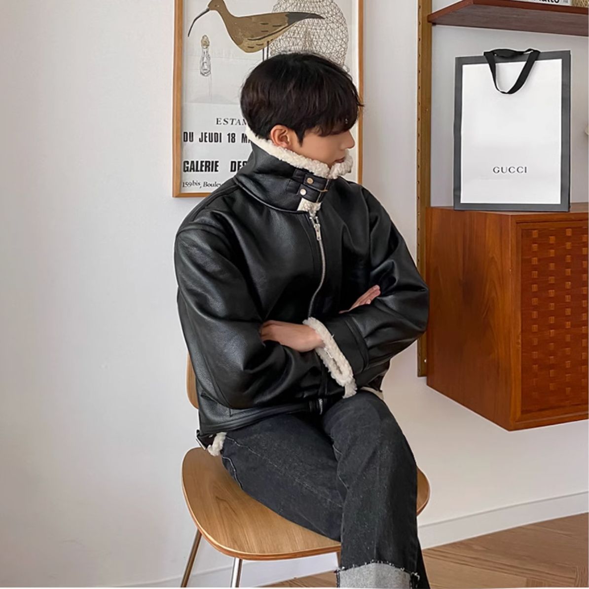 レザー ムートン ジャケット コート ボア素材 ハイネック メンズ