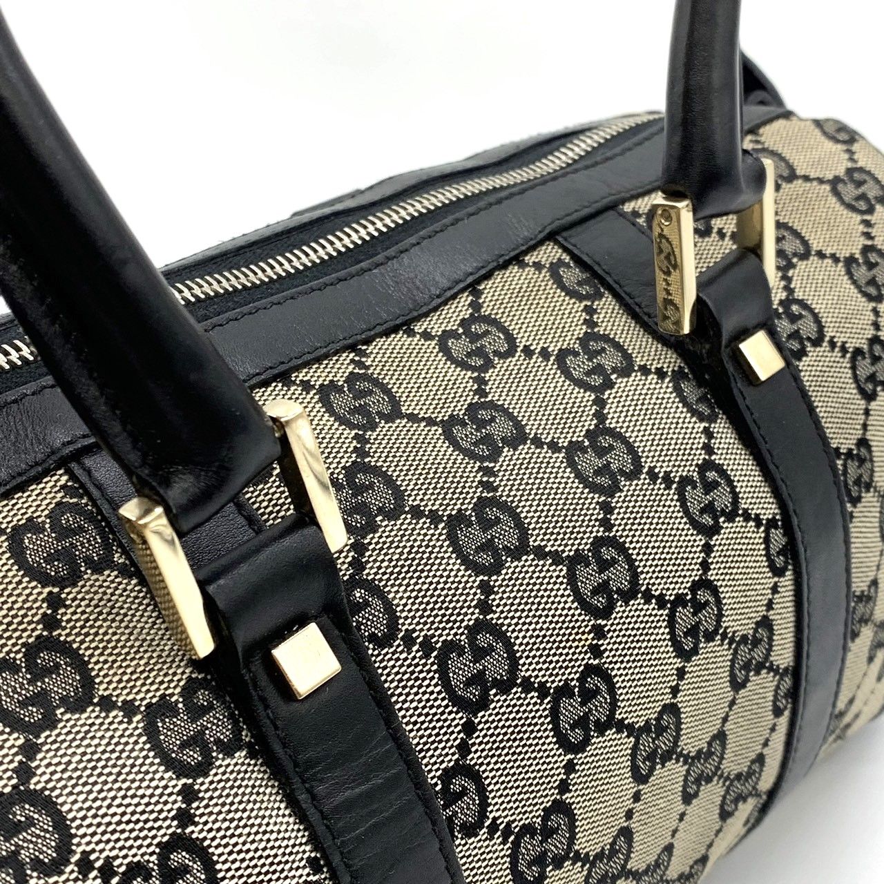 グッチ　ミニボストン　GGキャンバス　肩掛け　ゴールド金具　レザー　ブラック 希少美品】GUCCI ミニボストンバッグ キャンバス×レザー