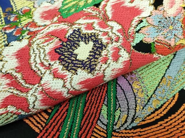 平和屋本店■最高級　龍村平蔵製　丸帯　玉たれの花錦　黒地　金糸　逸品　DZAA5851kh5 平和屋本店□最高級 龍村平蔵製 丸帯 玉たれの花錦 黒地 金糸 逸品