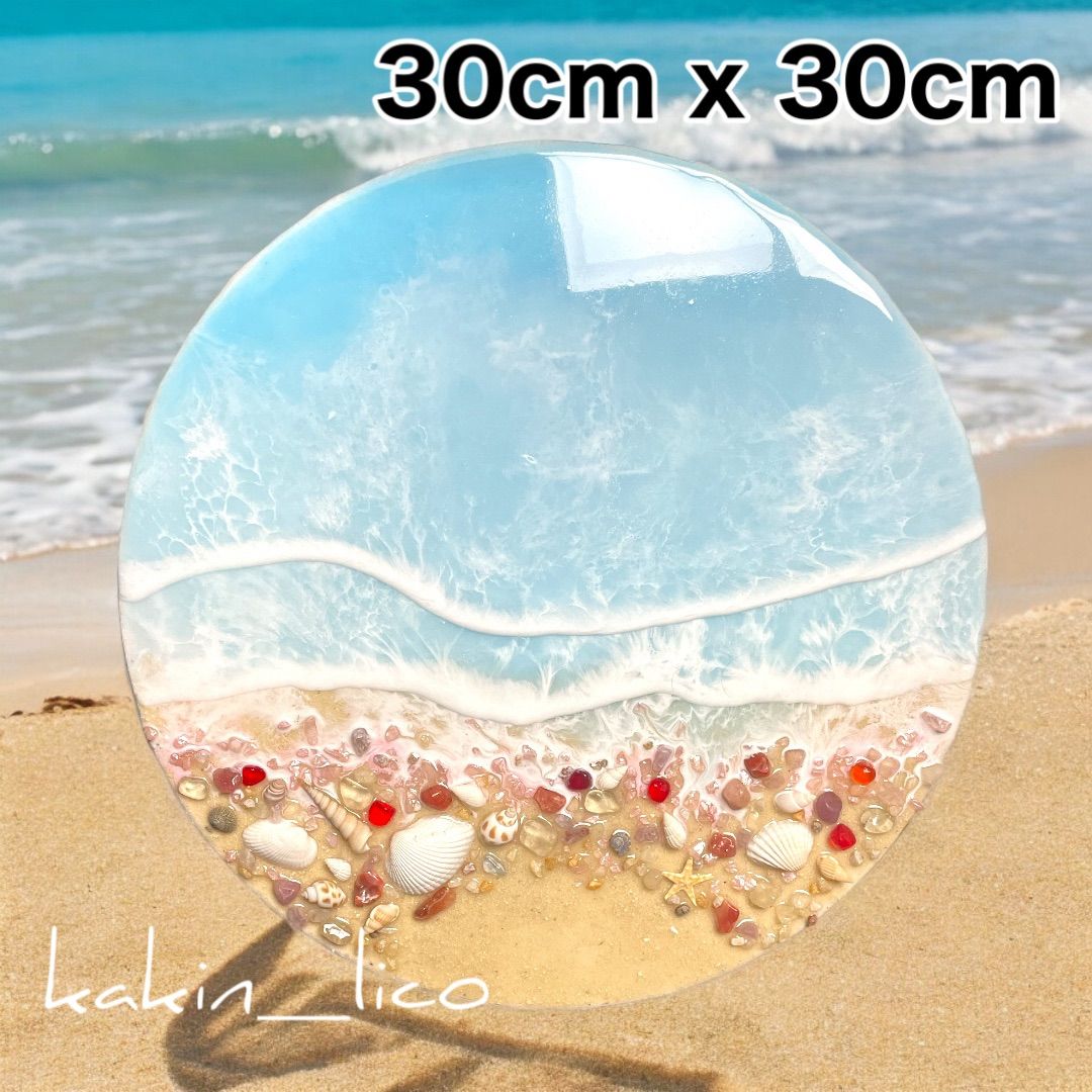 海アート「小石と貝と青の海岸」海アート　レジンアート　オーシャンアート 30cm  red