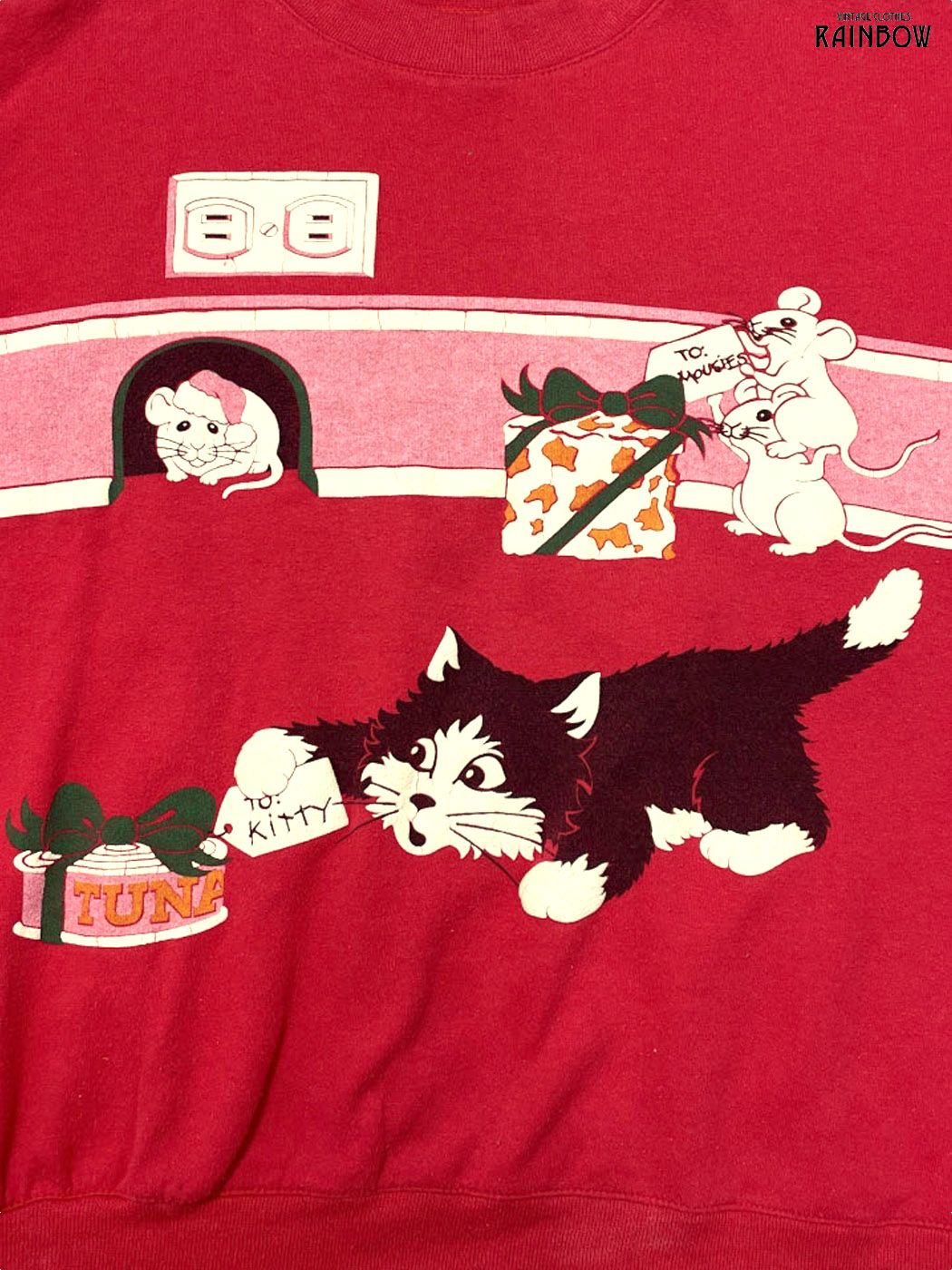 ビンテージ　spumoni 両面　ねこ　トレーナー 古着 SPUMONI ネコ柄 裏起毛 アメリカ製 プリント コットン 長袖
