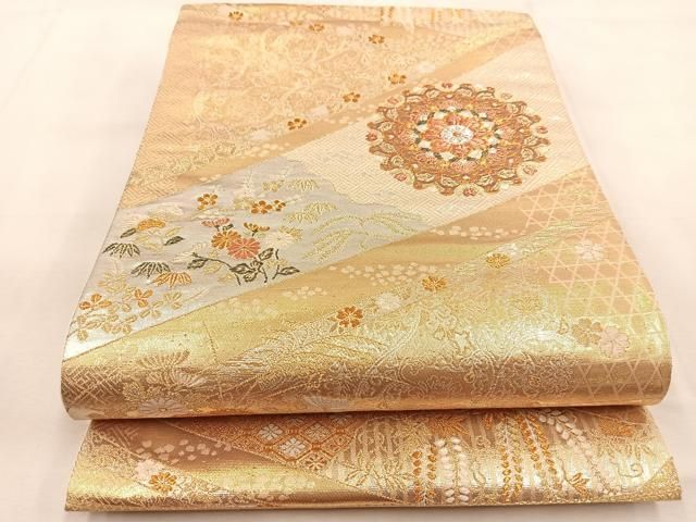平和屋着物◎西陣 六通柄袋帯 牡丹文 金銀糸 証紙付き 正絹