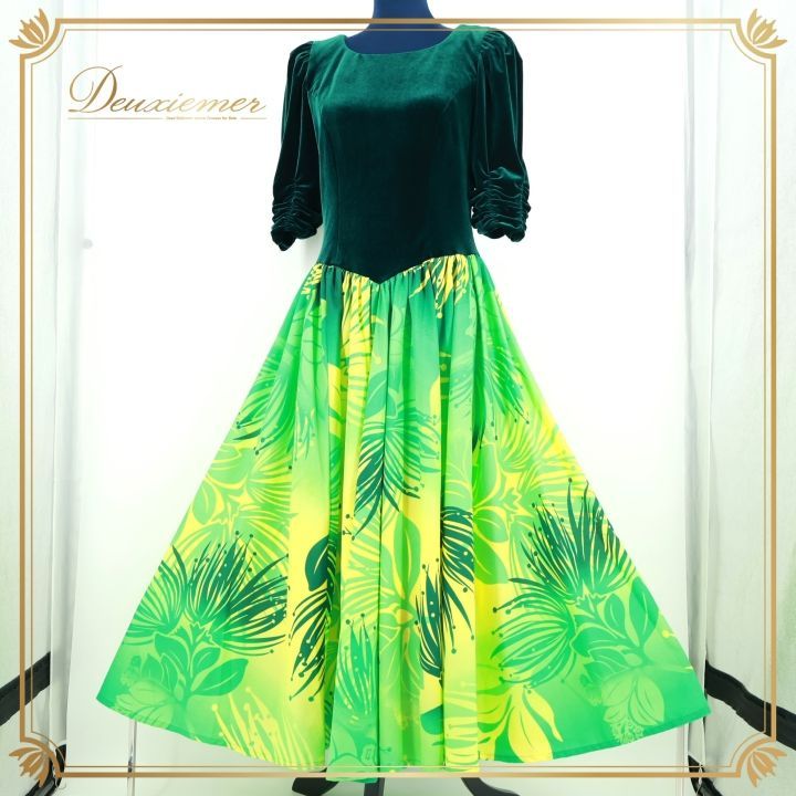 フラダンス 衣装 ワンピース ドレス グリーン系 u ino! フラ ダンス ベロア レフア柄 緑 黄緑 黄 花柄 ハワイアン アロハ 光沢 感 華やか ハワイ製 鮮やか ハワイアンプリント かわいい uino イエロー系