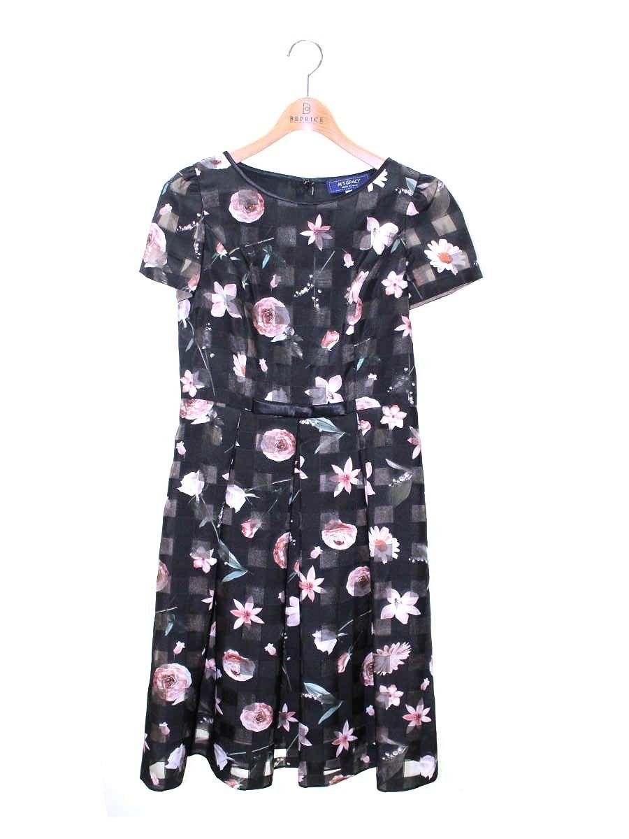 【美品】エムズグレイシー　ワンピース　40 ブラック×ベージュ　フラワー 美品】エムズグレイシー ワンピース 40 ブラック×ベージュ