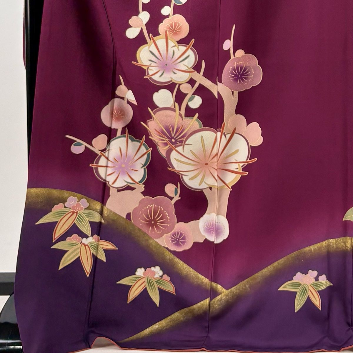 振袖 身丈174cm 裄丈69cm L 袷 枝梅 笹 金彩 赤紫 正絹 秀品