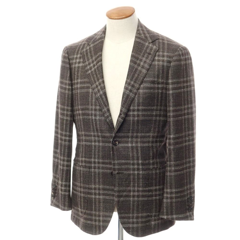 【中古】リングヂャケット RING JACKET ウールシルク チェック テーラードジャケット ダークブラウンxホワイト【サイズ46】【メンズ】