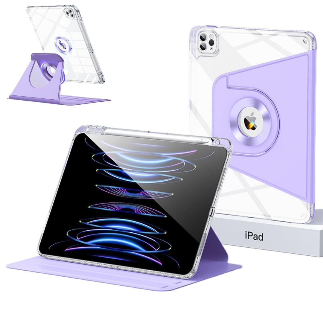 iPad Air 13インチ/iPad Pro12.9(2022/2021/2020)_パープル iPad Air 13インチ/iPad Pro12.9 第6/5/4/3世代 ケース360度回転 取り外しなマグネットカバー 背面全透明 ペン収納 iPad Ai