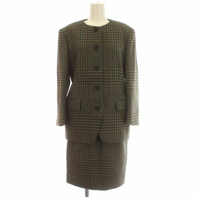 アクアスキュータム AQUASCUTUM スーツ セットアップ スカート チェック ウール ノー ジャケット 肩パッド 9 M グリーン 緑 G