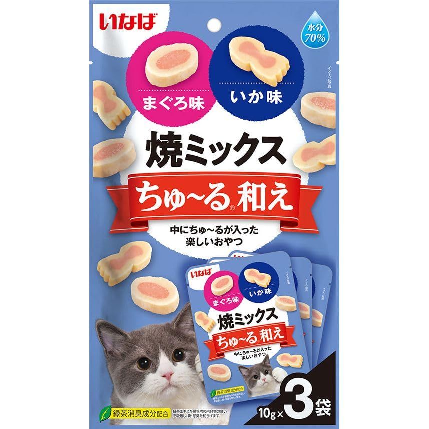 （まとめ買い）いなばペットフード 焼きミックスちゅ～る和え まぐろ味とイカ味 10g×3袋 猫用おやつ 【×20】 