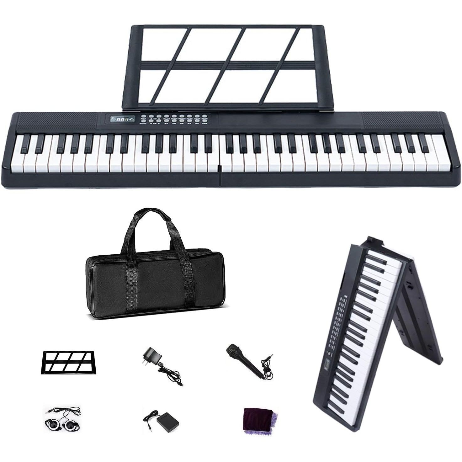 AORTD 電子ピアノ 61鍵盤 折りたたみ 2つ折り電子キーボード ♥ 日本語表記 充電式 200音色内蔵 MIDI機能 サスティンペダル 収納バッグ 譜面台付き 軽量 携帯便利 初心者 子供 練習 日本語説明書付き