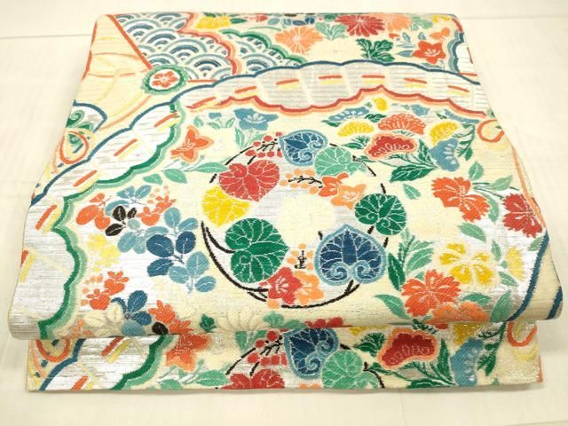 平和屋着物＊夏物 アンティーク 大正ロマン 丸帯 引き抜き帯 檜扇草花文 銀糸 正絹 DAAX5544cm