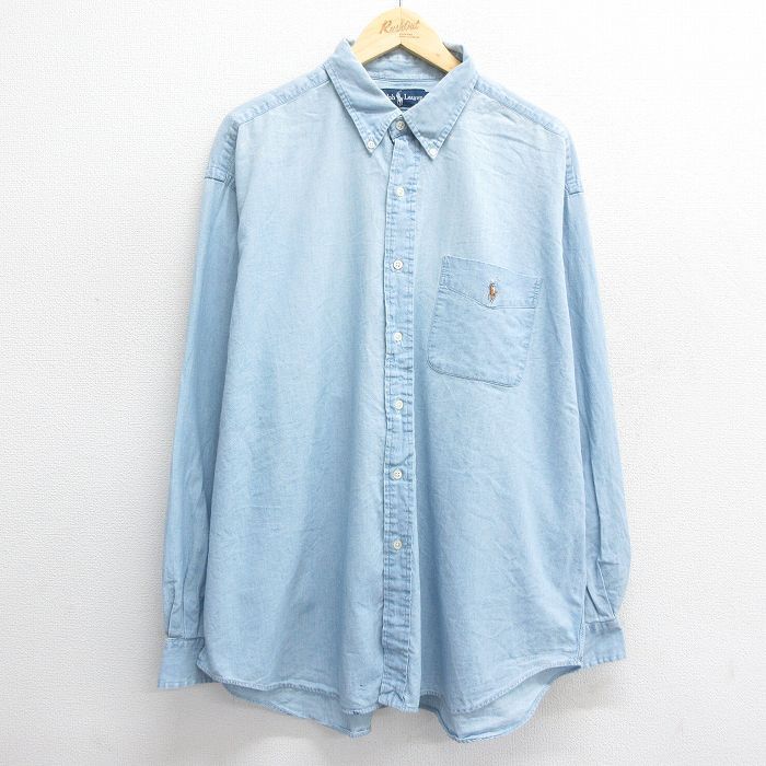 XL/古着 ラルフローレン 長袖 ブランド シャツ メンズ 90s ワンポイントロゴ BIG SHIRT 大きいサイズ コットン ボタンダウン 薄紺 ネイビー
