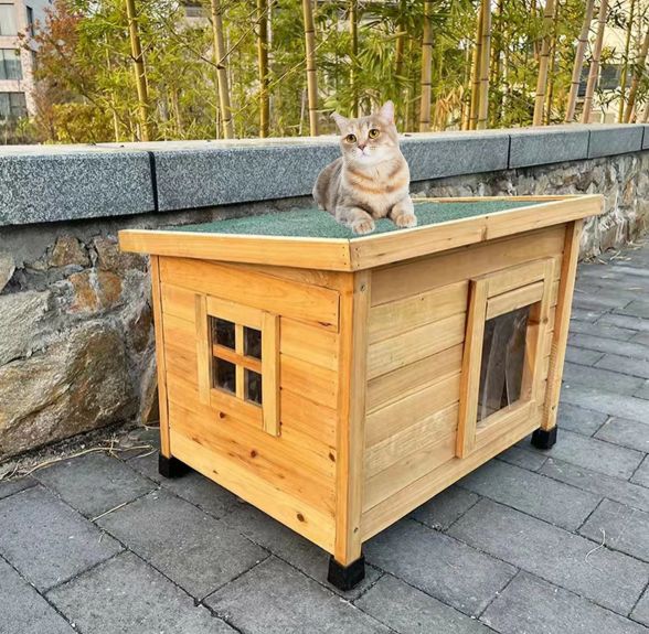 猫 ハウス 屋外 キャットハウス 猫の家 透明な窓とカーテンで雨を防ぎ 暖かく過ごせる屋外用シェルター 屋外用野良猫用シェルター 冬防風防寒 小型犬 木製 野良動物ハウス