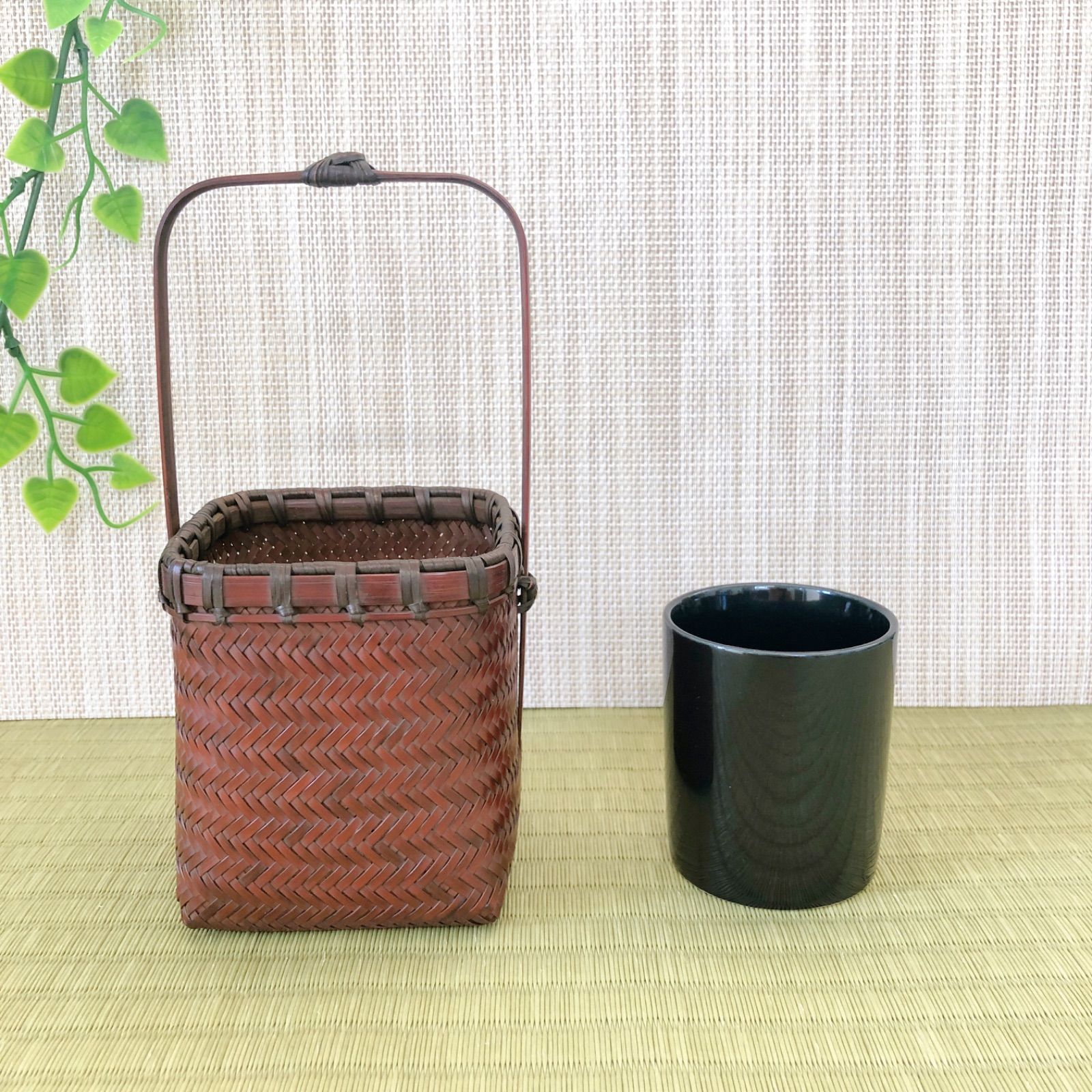 美品】古竹細工 紫竹花籠 花器 花入 茶道具 華道具 竹籠-