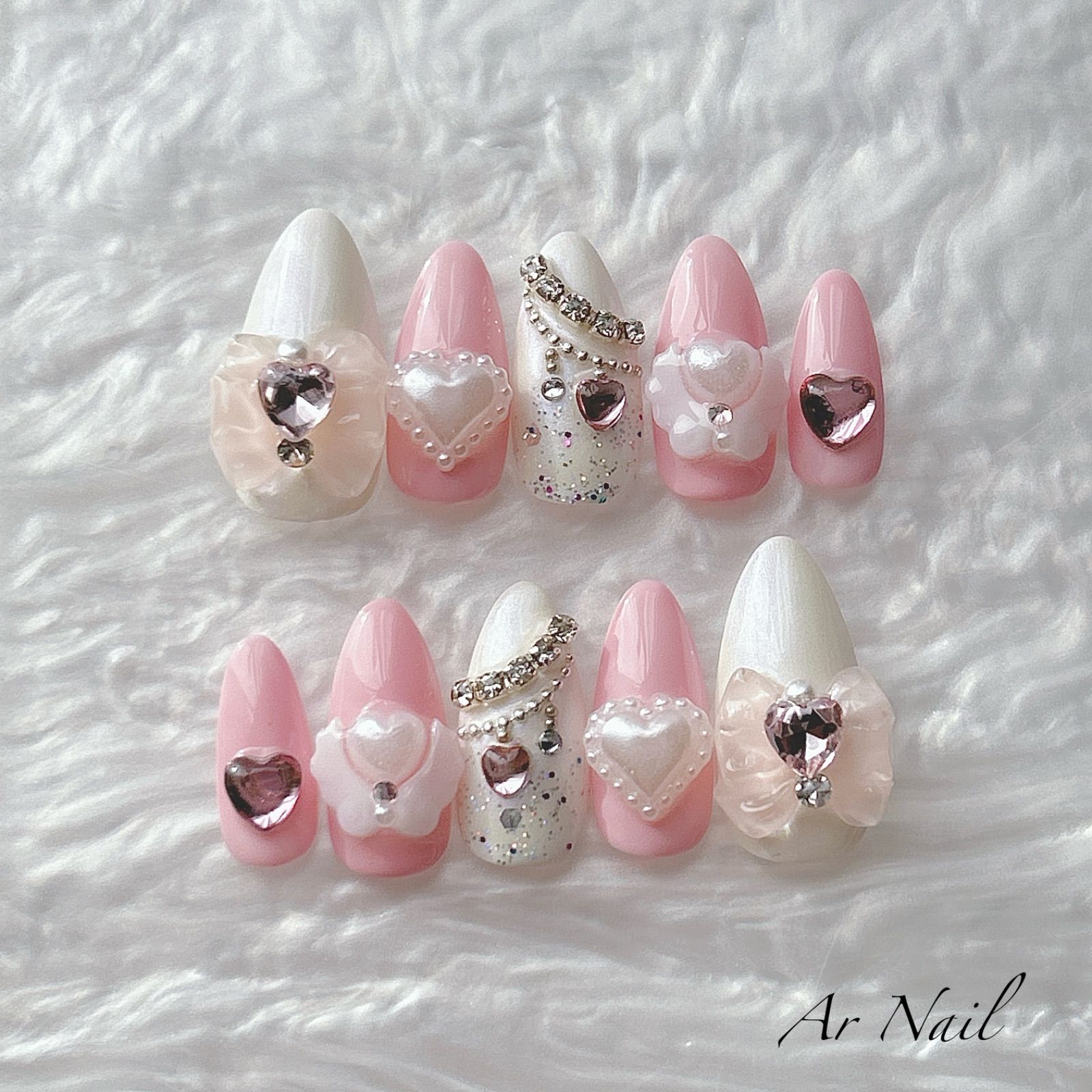 現品】No.19 ネイルチップ アーモンド型 ピンク リボン ハート 量産型  