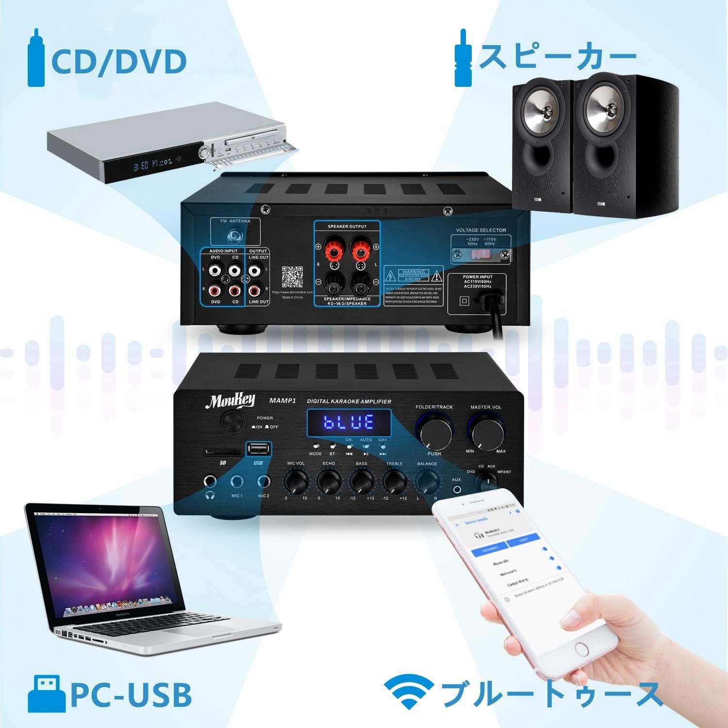 Moukey パワーアンプ システム マイクミキサー 220W Bluetooth Moukey パワーアンプ システム マイクミキサー 220W Bluetooth