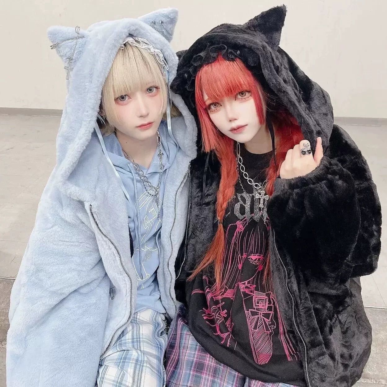 猫耳 ブラック ブルー フーディー もふもふ ふわふわ ボア 耳付き フード 悪魔 温かい ファー フーディー サブカル系 ファッ