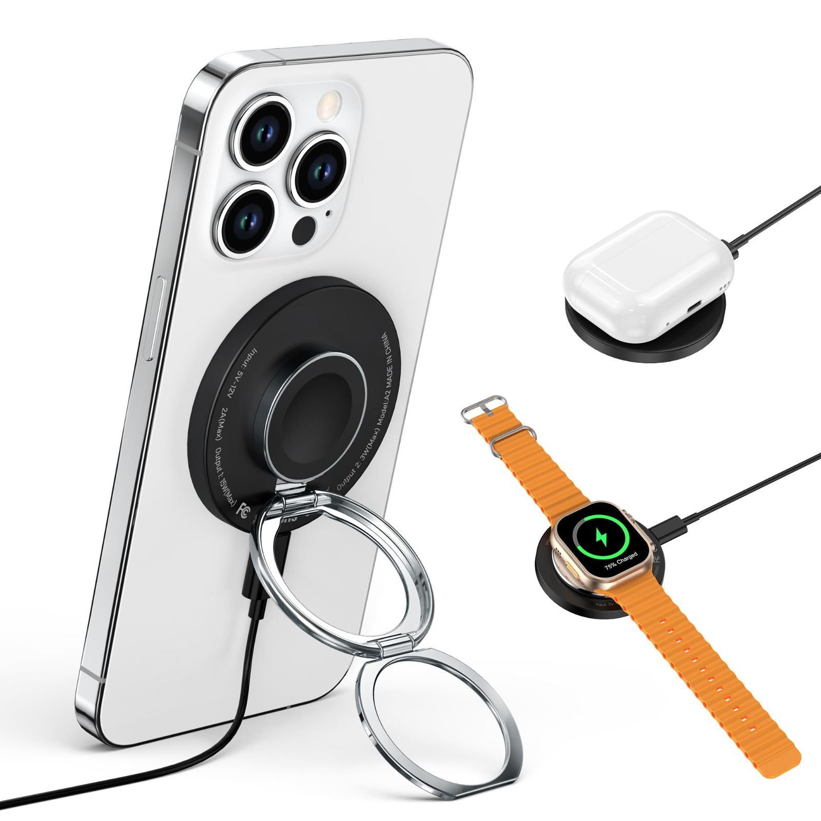 【在庫処分】Ultra/Series3-8/SE/iPhone14/12/13mag-safe対応/QI対応機種/Air-podsなどに対応 iWatch 過熱/過充電保護 強磁力 取り外すTYPE-Cケーブル付 磁気増加リング＆日本語取扱書付 コンパクトで携