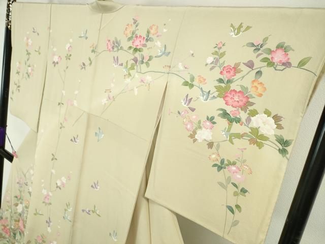 平和屋本店■極上　京加賀友禅　百貫達雄　訪問着　花鳥文　砥粉色地　暈し染め　逸品　未使用　DZAA3909kh5 平和屋本店□極上 京加賀友禅 百貫達雄 訪問着 花鳥文 砥粉色地 暈し