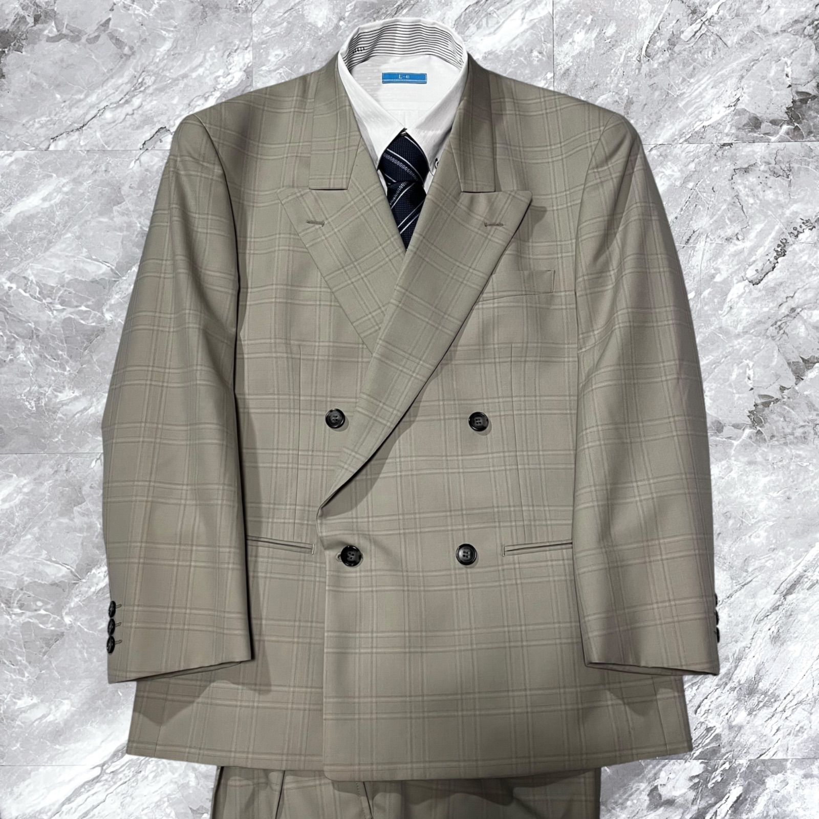 級 DURBAN ダーバン セットアップ スーツ 上下セット ヴィンテージ チェック ダブルブレスト ウール グレー系 灰色系 サイズS相当