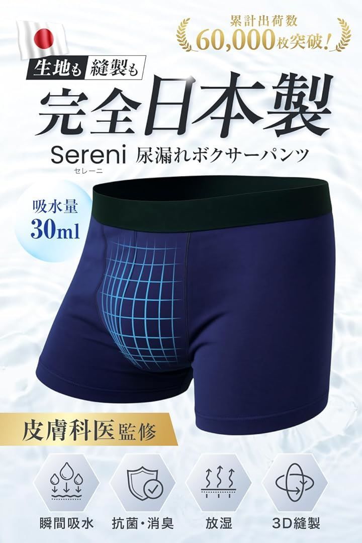 Sereni 皮膚科医監修 吸水パンツ 30ml対応 ボクサーパンツ 尿漏れ 尿漏れ防止 失禁パンツ男性用 防水 消臭 抗菌 ローライズ セレーニ ネイビー L 2枚セット