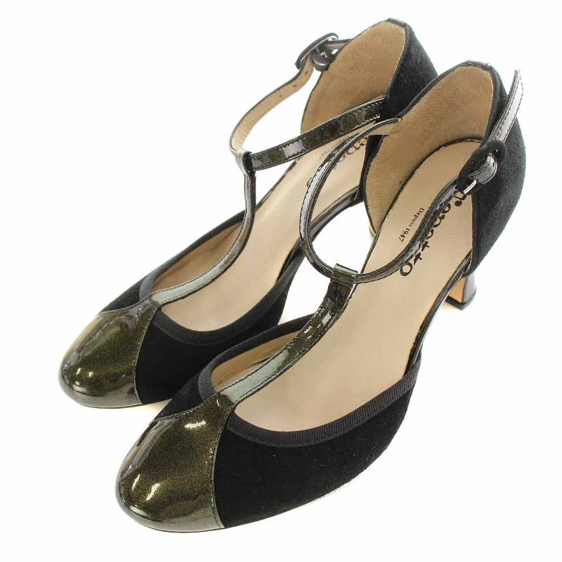 【美品】repetto 　ストラップパンプス37　エナメル×スエード　ブラック レペット Repetto T字ストラップパンプス エナメル スエード