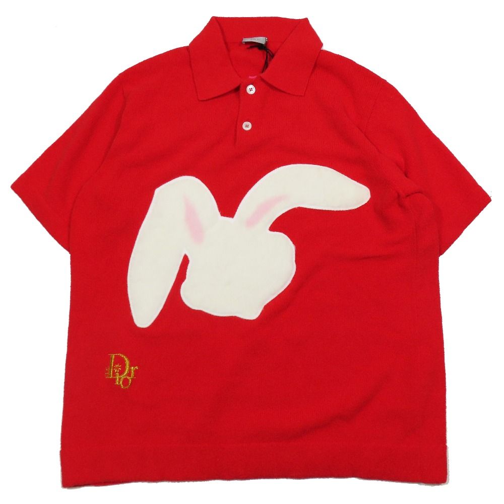 23SS DIOR ディオール ラビットパッチ コットンニット ポロシャツ 半袖 ウサギ プルオーバー カットソー L レッド メンズ 古着