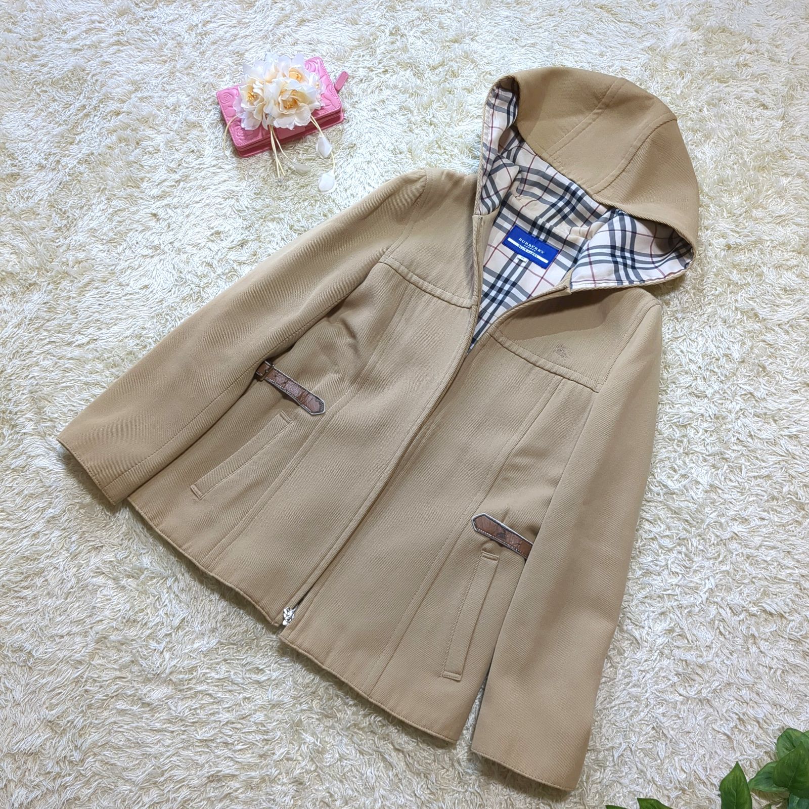 BURBERRY BLUELABEL 裏側 総ノバチェック レザーベルト 刺繍 