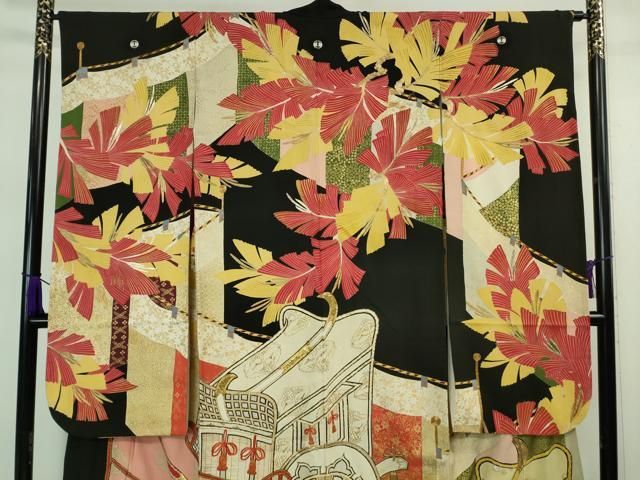 平和屋着物□極上 アンティーク 大正ロマン 振袖 駒刺繍 御所車 黒地