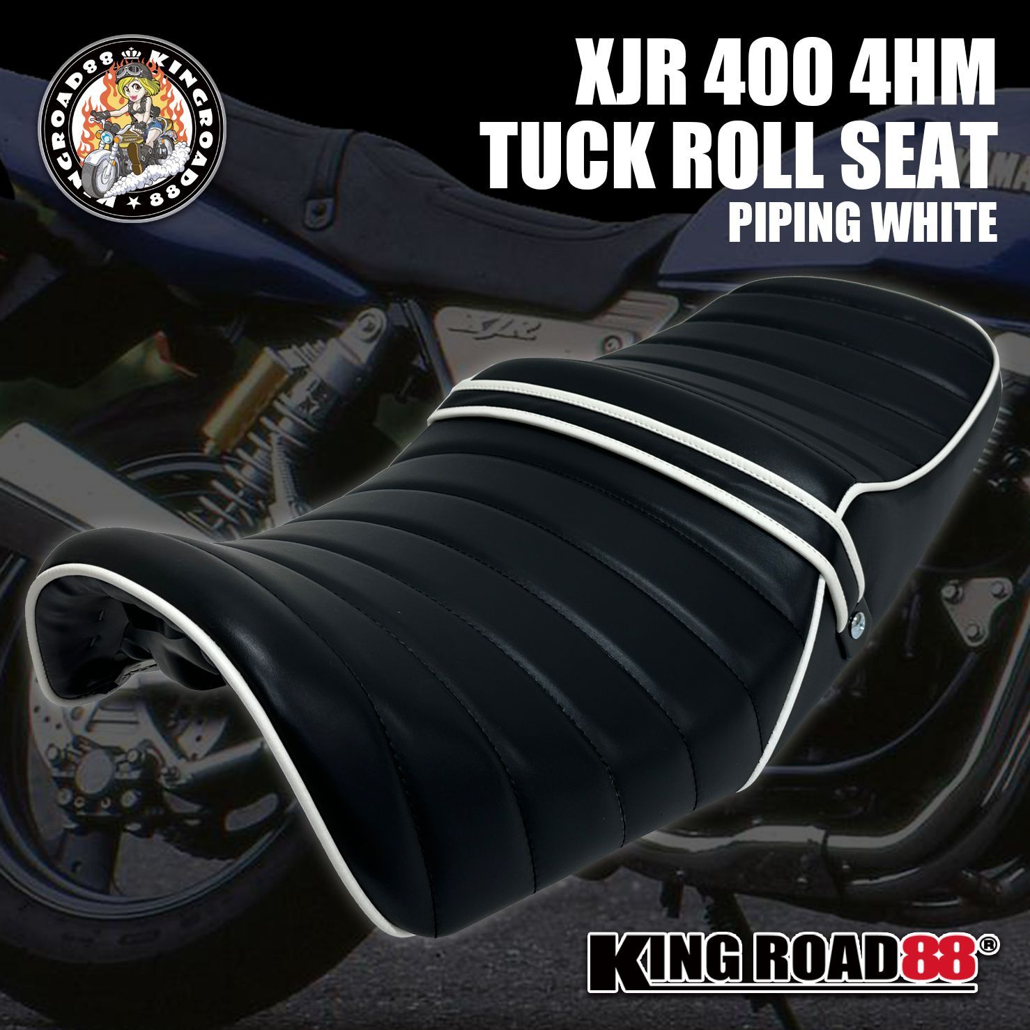 【アウトレット品1個のみ】ヤマハ / XJR400 / 前期 / 4HM  KingRoad88 / タックロールシート / あんこ抜き / 合成レザー パイピング ホワイト