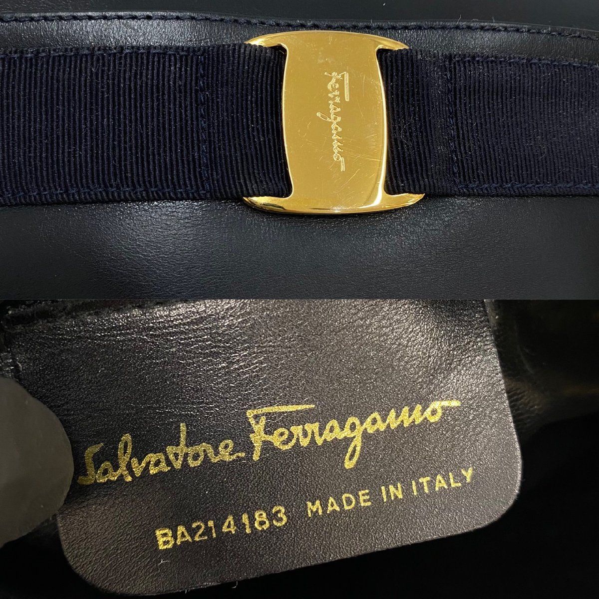 美品 Salvatore Ferragamo サルヴァトーレフェラガモ ヴァラリボン 金具 レザー 本革 ショルダーバッグ ポシェット ダークネイビー  14038