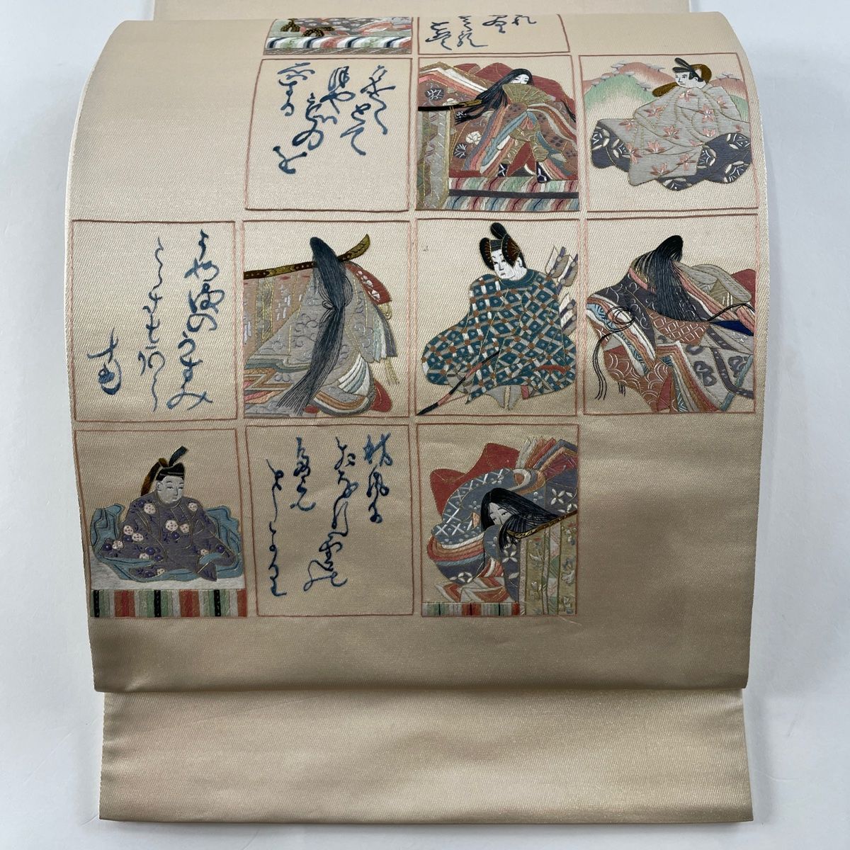 袋帯 秀品 人物 文字 蘇州刺繍 金糸 ベージュ お太鼓柄 正絹 【中古