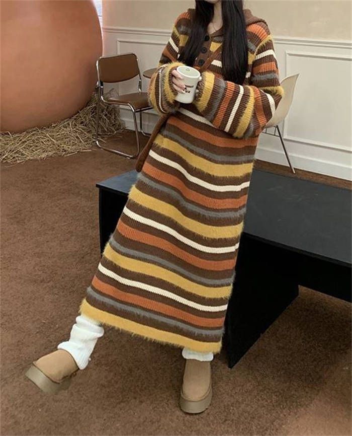 ニット ワンピース レディース フード付き ボーダー柄 長袖 ニットワンピース ロング セーター セーターワンピース プルオーバー ボタン ワンピ 体型カバー ゆったり カジュアル レトロ 秋 冬 5hFc909 WWW_MORNINGWALKER_COM