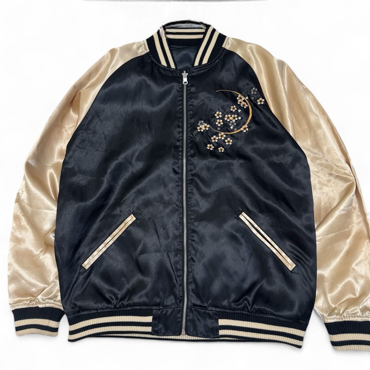 絡繰魂 リバーシブル スカジャン ドラゴン 桜 刺繍 龍 和柄 ブラック アイボリー メンズ ユニセックス size L