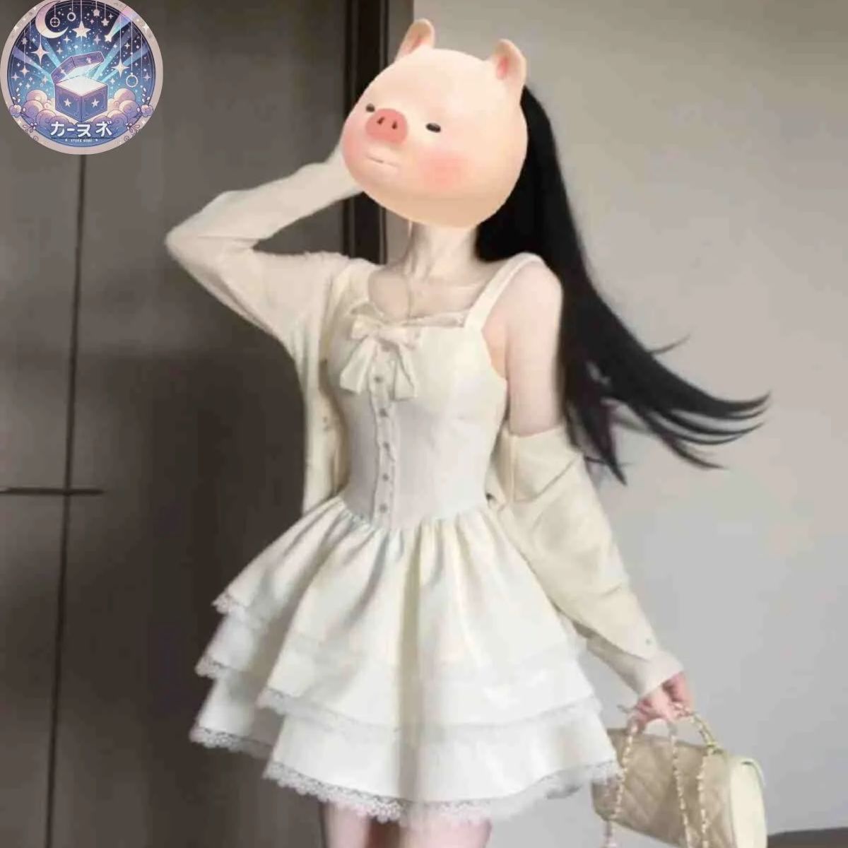 星 法式ロリータ かわいい 春秋用 二点セット ワンピース カーディガン付き 小柄女子向け お嬢様風 パフスリーブ レースリボン フリル プリンセス風 ドーリー系量産型 お出かけコーデ