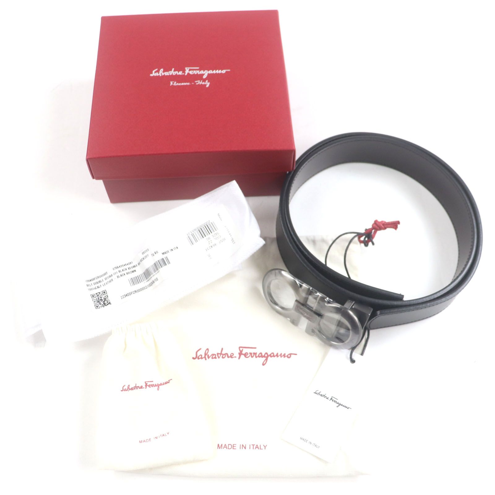 ♥品 Salvatore Ferragamo サルヴァトーレフェラガモ 5542 ダブルガンチーニ リバーシブル レザーベルト ブラック ダークブラウン 90 箱 保存袋付き イタリア製 メンズ