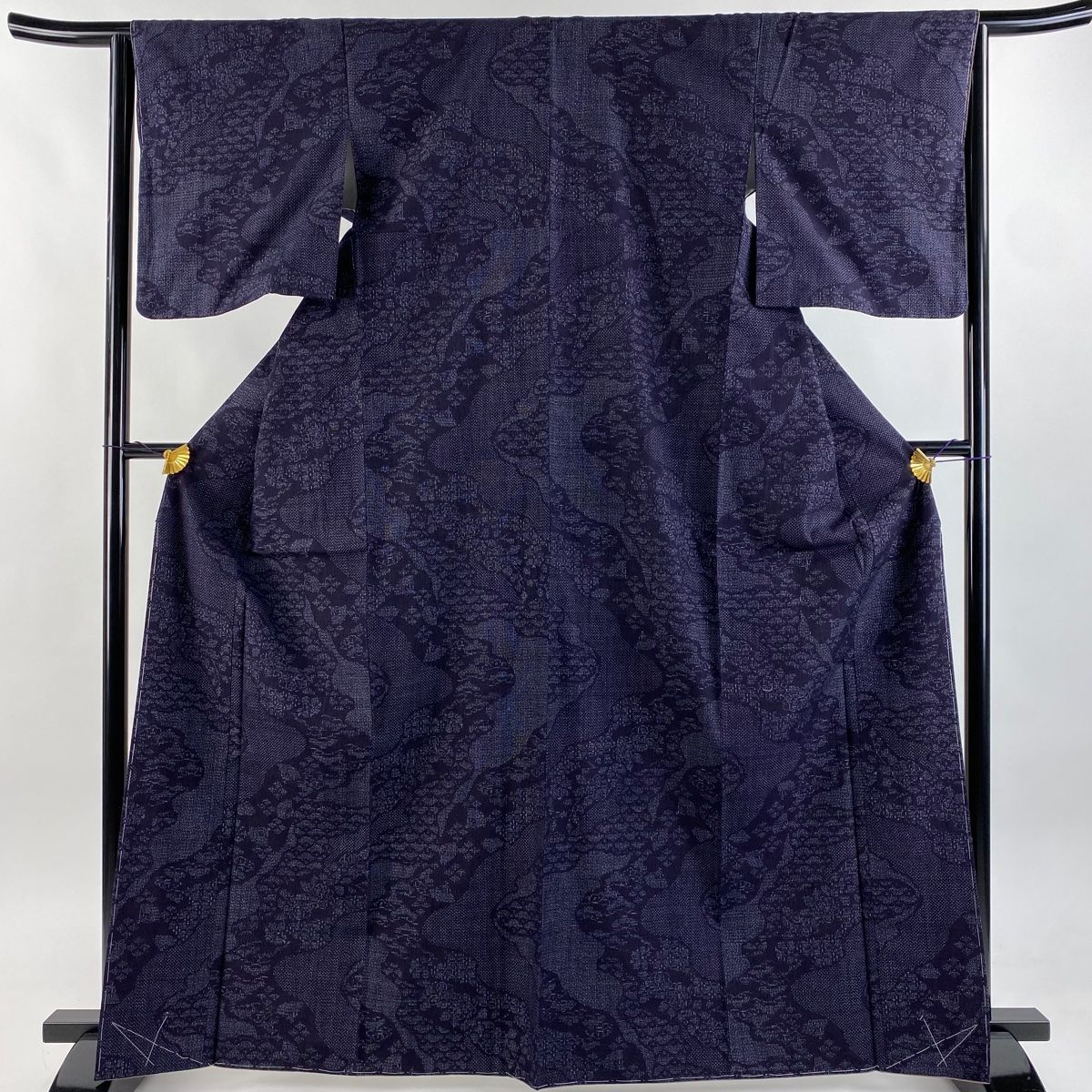 紬 身丈165.5cm 裄丈64.5cm M 袷 笠松 亀甲絣 濃紺 正絹 秀品