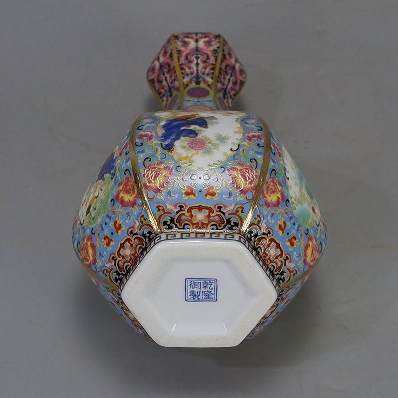 琺瑯彩蒔絵窓花鳥蒜頭瓶 景徳鎮 陶磁器 装飾品 現代工芸品 美術品 置物 琺瑯彩蒔絵窓花鳥蒜頭瓶 景徳鎮 陶磁器 装飾品 現代工芸品 美術