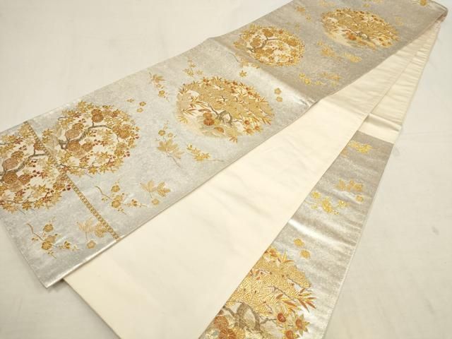 袋帯 乳白色　花唐草　横断　金銀糸　夏用　六通美品 平和屋着物▽六通柄袋帯 草花丸文 金銀糸 正絹 逸品 AAAZ4169wj