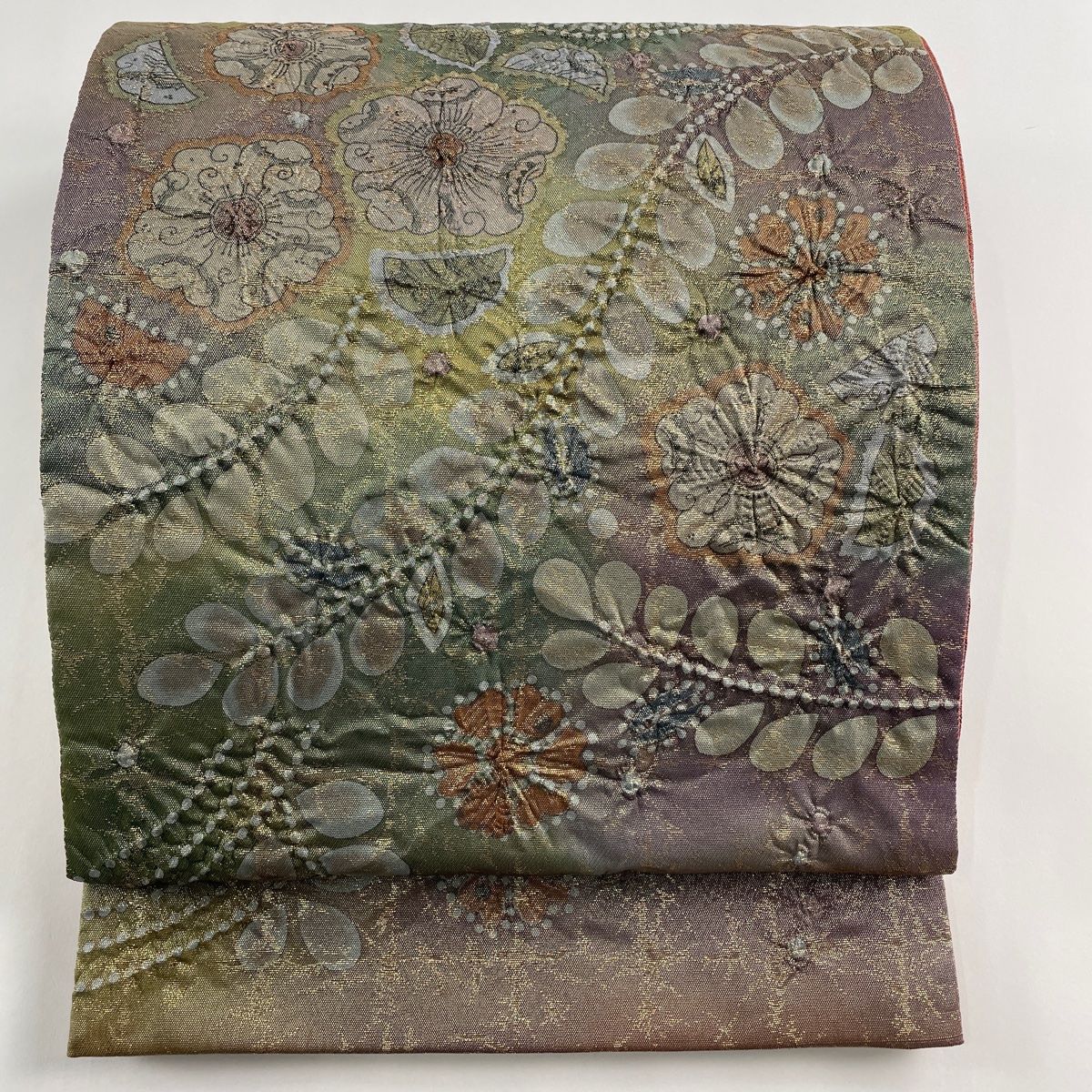 袋帯 名品 落款 辻が花柄 市松 金糸 箔 緑 お太鼓柄 正絹