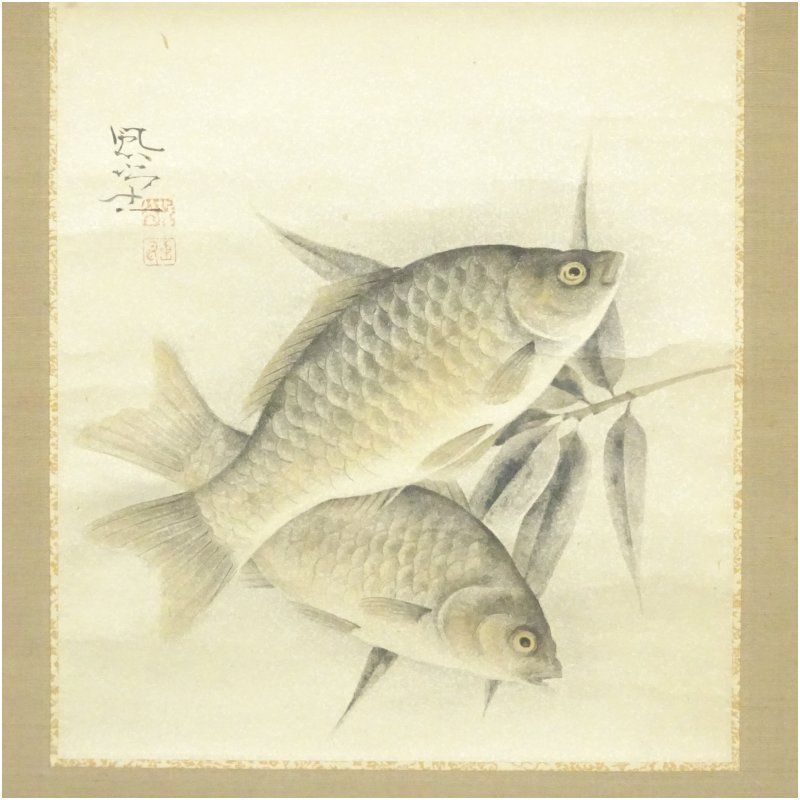 富取風堂筆 鮒 肉筆紙本掛軸 共箱 掛け軸 床の間 書 おしゃれ 絵画 表具 芸術 茶道 年中掛け インテリア 茶掛 掛物 和室