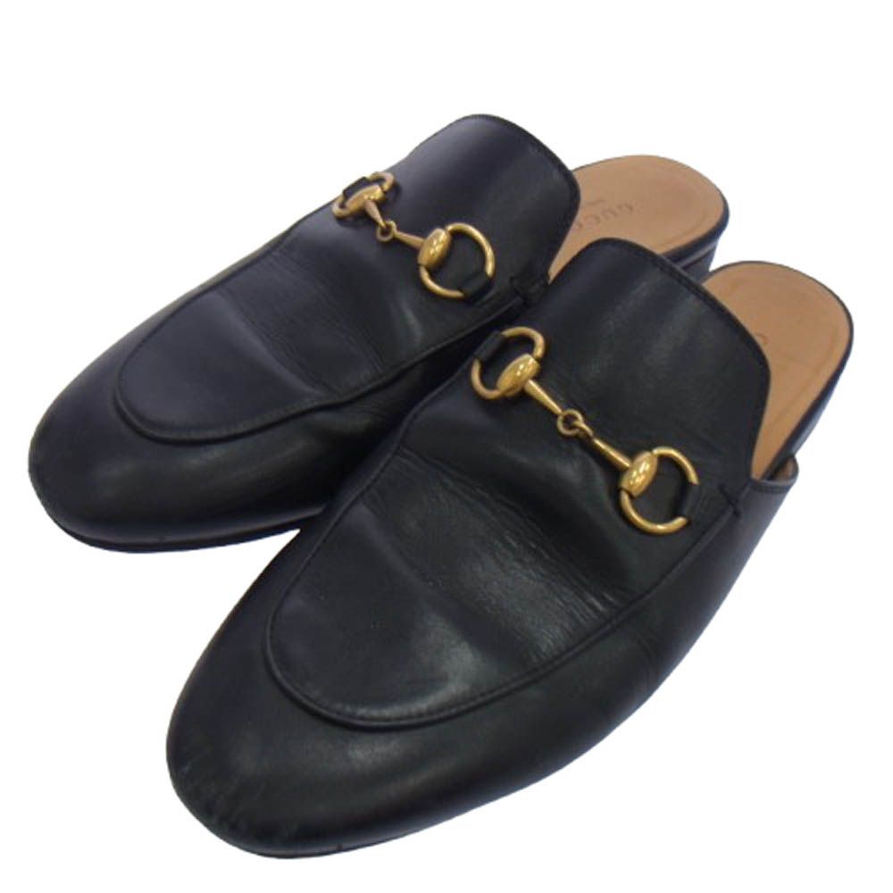 GUCCI グッチ 423513 ホースビット プリンスタウン ゴールド金具 レザー スリッパ シューズ ブラック系 37