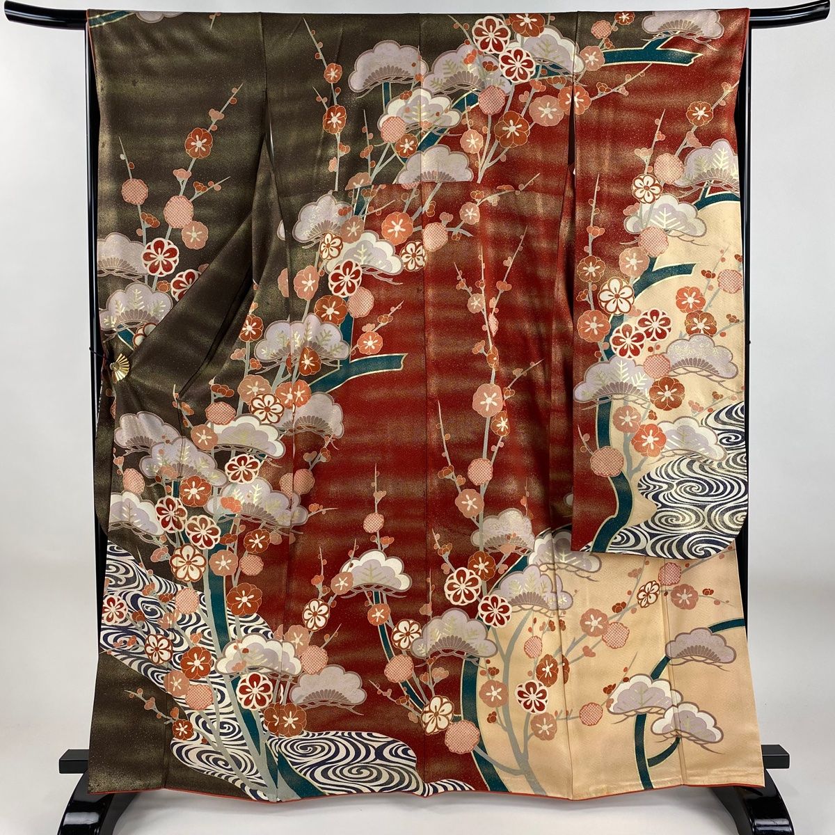 振袖 身丈164.5cm 裄丈66cm M 袷 松梅 流水 金彩 茶色 正絹 秀品