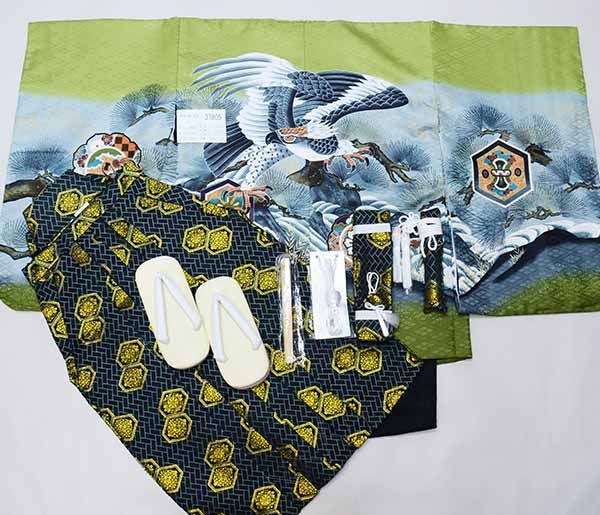 七五三 五歳 男児 羽織袴フルセット 着物 緑地 鷹 お仕立て無料 袴変更