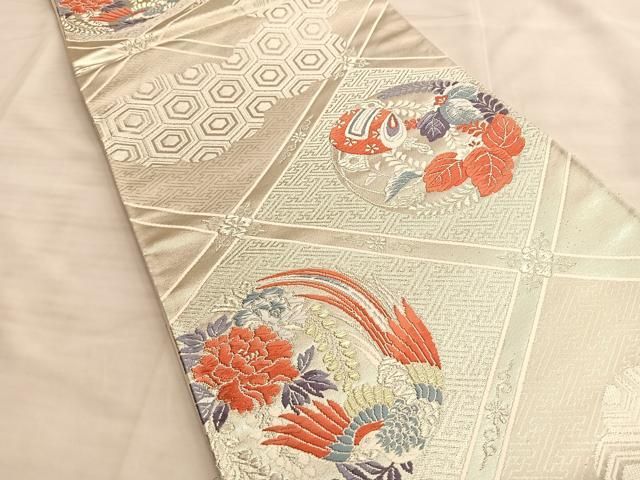 袋帯 雲や扇 鶴 松竹梅 紗綾形や菱 フォーマルなデザイン 正絹 TT-2313 袋帯 雲や扇 鶴 松竹梅 紗綾形や菱 フォーマルなデザイン 正絹