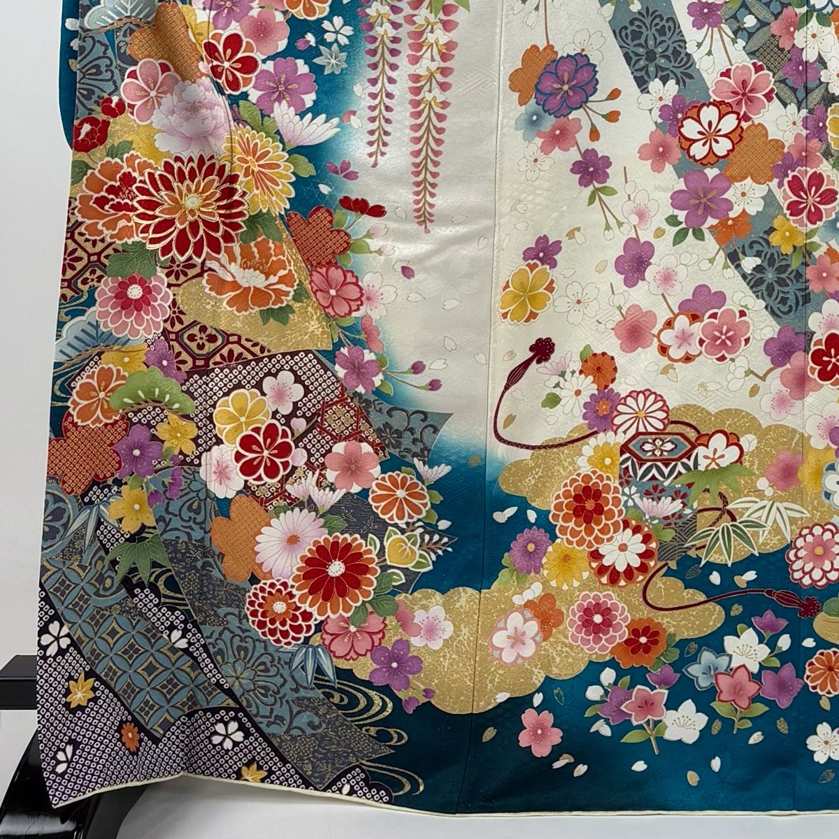 振袖 身丈169.5cm 裄丈70cm L 袷 菊 松竹梅 銀通し 金糸 青緑 正絹