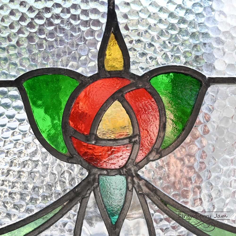 英国アンティーク 特大ステンドグラス窓枠 透明ガラス ダイヤ柄のステンドグラス イギリスアンティーク